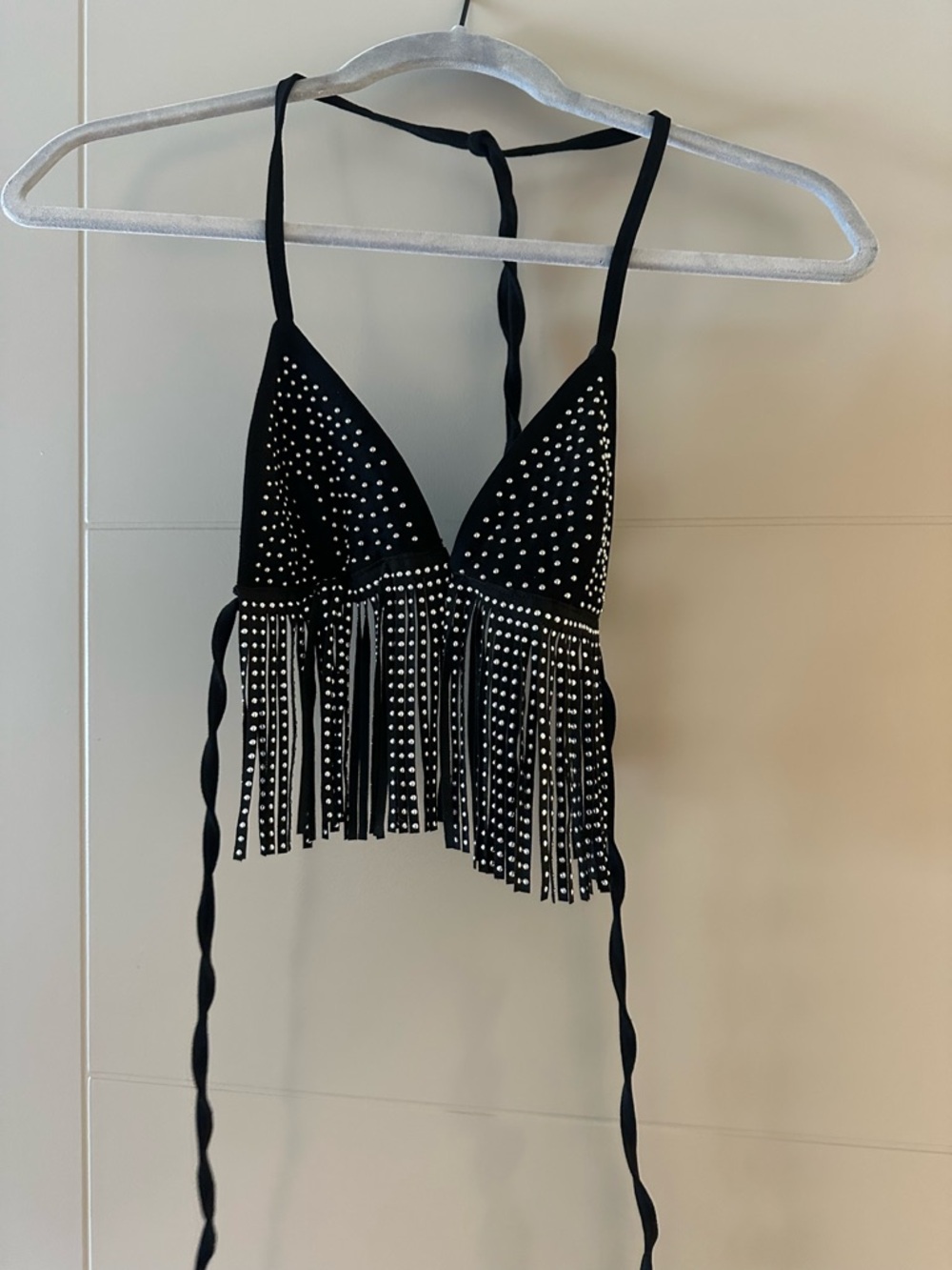 Beginning Boutique Black Studded Fringe Halter Crop Top Size S